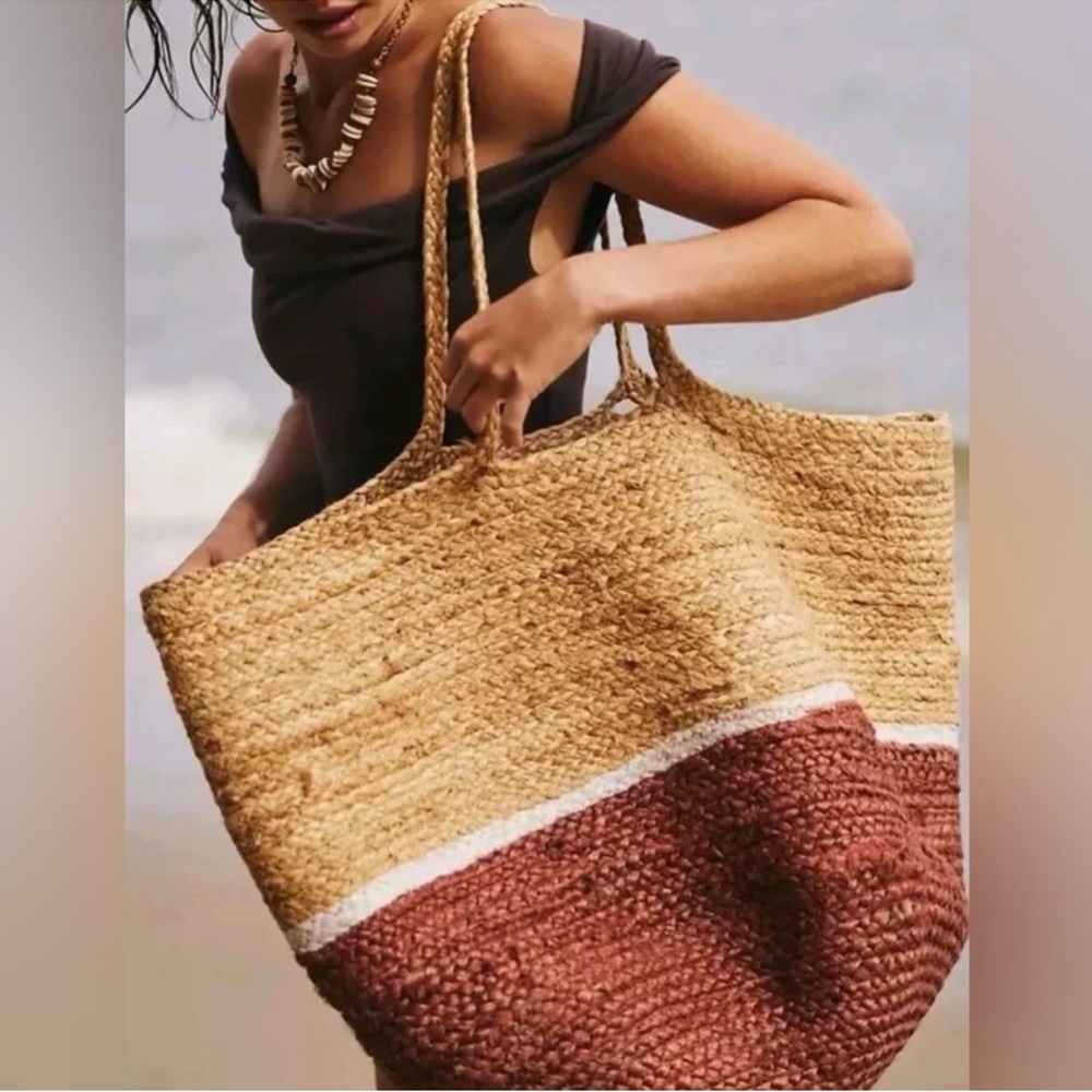 Free People Woven Tan and Brown Tote - Picture 2 of 8